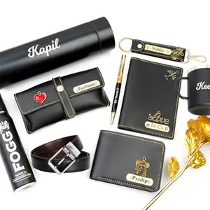 Little Crafts Your Name Customized Mens Gift Hamper Set With Water Bottle, Passport Cover, Pen, Men Wallet, Sunglasses Cover, Keychain, Men Deodorant, Golden Rose and Mens Belt and Coffee Mug (Black)