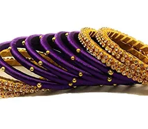 Generic Thread Trends Silk Thread Plastic Zircon Bangle Set for Women & Girls Set of 10 Bangles Violet -Gold (size-2/0)