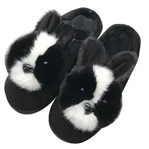 Joda Ghar Warm fur Winter bedroom slipper for women, W_Carpet Ear Rabbit_Black-36-JG (UK SIZE-2)