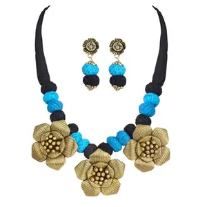 JFL - Jewellery for Less Fashionable Gold Plated Flower Pendant Necklace Set with Cotton Beads and Adjustable Thread Handcrafted for Women and Girls