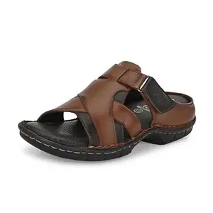 HITZ Men's Tan Leather Open Toe Casual Slippers - UK 6