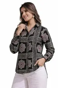 Women's Printed Shirt, Long Sleeve, Embroidered Cuffs, Collared Neck, Casual Ethnic Wear (in, Alpha, M, Regular, Red-Ajrakh)