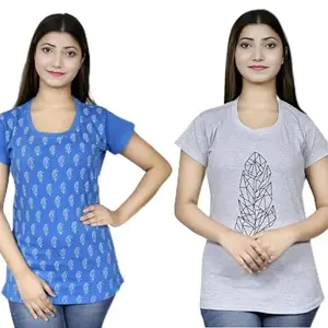 Women's Printed Round Neck T-Shirt RG-Basic-HUK-FIROJI-Leaf-Grey-L