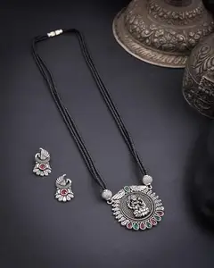 Shyam Enterprises Oxidised Laxmi mangalsutra Set With 2 Earring for women Traditional temple jewellery antique finish.