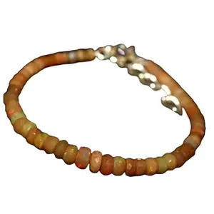 LKBEADS Silver Plated Bracelet with Orange Faceted Ethiopian Opal Beads – Rondelle 3-4.5mm – 7 inch Adjustable – For Men & Women|LK_STACK_02735