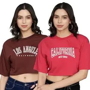 TREND LEVEL Stylish Women Crop Top with Short Sleeves |Trendy Tshirt for Office Wear/Casual Wear/Girls(Pack of 2 (Crop Tshirt TL088-TL089) Brown