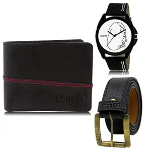 LOREM Mens Combo of Watch with Artificial Leather Wallet & Belt FZ-LR55-WL07-BL01