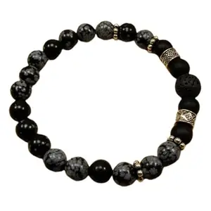 RRJEWELZ Natural Snowflake Obsidian & Volcanic Lava 8mm Round Shape Smooth Cut Beads 8 Inch Stretchable Bracelet for Men & Women.|STBR_RR_08317_8.0