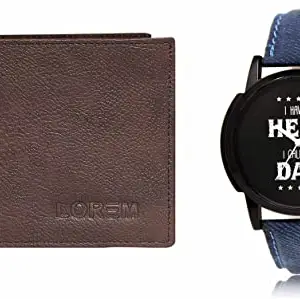 LOREM Brown Color Faux Leather Wallet & Black Analog Watch Combo for Men | WL12-LR07