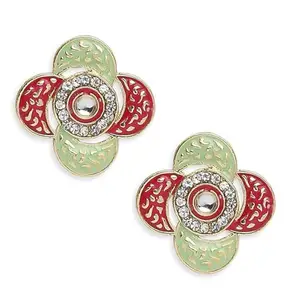 OOMPHelicious Jewellery Rani Pink & Mint Green Meenakari Ethnic Ear Stud Earrings - Floral Design with Kundan For Women & Girls Stylish Latest (RN-EHC203_CC1)