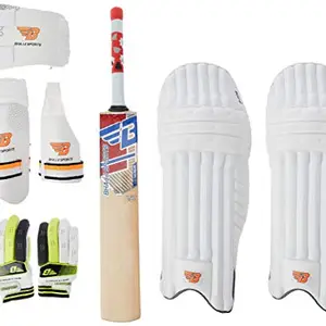 BHAJJI Kashmiri Willow Cricket BAT T20 5.0 with BHAJJI Batting Gloves 303 Mens with Batting PAD 606 BHAJJI Thigh PAD 606 and Chest Guard 505