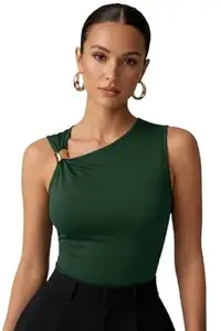 TIVANTE Solid Asymmetric Neck Crop Top with Buckle Detail for Women Stylish Western | Sleeveless top for Women | Korean top