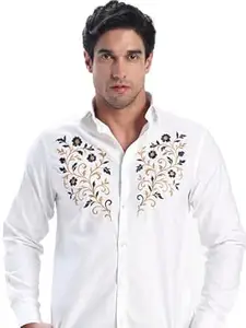 ZERNY Men’s Embroidered Shirt Party Premium Oxford Cotton Regular Fit White