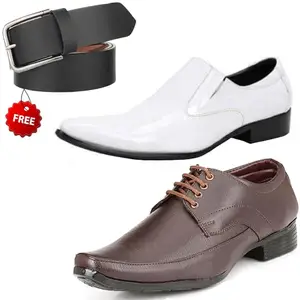 Stylish Trendy Formal Shoes/Party Shoes/ 2 Shoes Combo with Free Belt for Men and Boys (BAZAAR8045_VTR-401-Wht) Multicolor