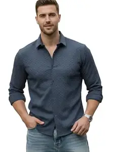 WIZOON Shirt for Men | Men’s Black Textured | Regular Fit | Textured Cotton Blend Casual Shirt | Full Sleeves | Spread Collar | Western Stylish Shirts