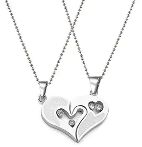 Uniqon Valentine's Day Unisex Special Metal Stainless Steel I Love You Diamond Nug Broken Heart Romantic Love Couple Silver Plated 2 In 1 Beautiful Duo Locket Pendant Necklace With Chain