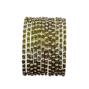 Glass Bangle Women's Traditional designer glass zircon bangles set with rose pattern and golden stone work stylish for occasional wear(Pack of 12 Pcs)