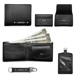 MOAAD Men Gift Item Customize Name & Charm | 4 in 1 Gift Set Hamper for All Occasion Artificial Leather (Rexine) (Black)