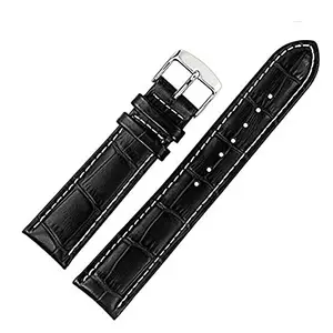 Ewatchaccessories 18mm Genuine Leather Watch Band Strap Fits MALIBU Black With White Stich Silver Buckle