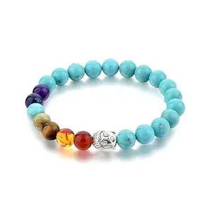 Shircreations Handmade 7 Chakra Torquoise Healing Crystal Bracelet with Buddha Head Charm – 8mm Beads for Spiritual Balance, Wisdom, and Enlightenment - Stretchable Yoga Bracelet for Men & Women