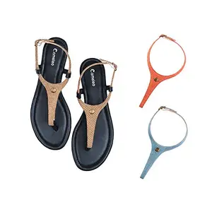 Cameleo -changes with You! Women's Plural T-Strap Slingback Flat Sandals | 3-in-1 Interchangeable Strap Set | Brown-Polka-Dots-Leather-Red-Light-Blue