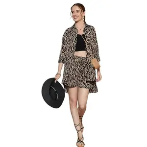 Berrylush Women Black & Beige Abstract Printed Spread Collar Neck Button-Up Longline Shirt & Waist Tie-Up Mini Shorts Co-Ord Set