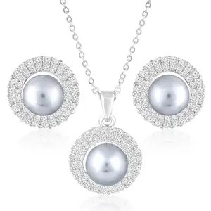 Peora Silver Plated Cubic Zirconia & Pearl Studded Pendant Chain Earrings Set Contemporary Jewellery for Women