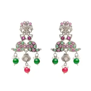 XPNSV Luxury Oxidised Floral Beaded Dangler Earrings,Jewellery Gift Set for Women & Girls | Anti Tarnish, Light Weight, Diwali Special Jewellery for Women, Girls and Her (Red Green)