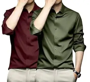 DEELMO Combo of Men's Stylish Solid Satin Casual Shirt for Men Full Sleeves| Poly Satin Silk Shirt Pack of 2