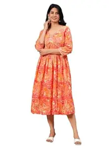 Women's Floral Print Dress, Rayon Long Sleeve, V-Neck, Fit and Flare Style, Midi Length