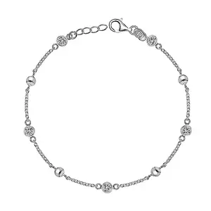 LeCalla 925 Sterling Silver BIS Hallmarked Sparkle Cubic Zirconia Adjustable Cable Link Chain Station Bracelet for Women and Girls 8 Inches
