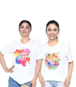 SWAGATA Enterprise Regular Fit Graphic Printed Air Jet Half Sleeve Holi T-Shirt for Women |Casual,Stylish Round Neck Holi T-Shirt| Pack of 2 -White/Multi 57_S