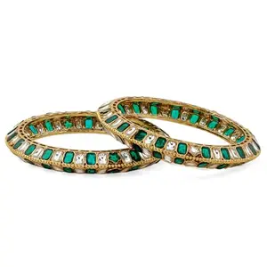 Rubans Set of 2 18K Gold-Plated Brass Bangles with Emerald Green & White Zirconia Stones for Women & Girls – Perfect for Festive Styling, Traditional Wear & Ethnic Celebrations