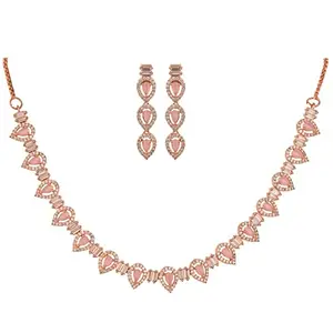 RATNAVALI JEWELS American Diamond Necklace set Rose Gold Plated Traditional Pear Pink Jewellery Set with Sleek Earring for Women/Girls RV5051P-RG