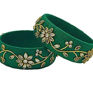 HARSHAS INDIA CRAFT Silk Thread Bangles Worked Broad Kada Bangles With Kundan Stones Bangle set (Dark Green) (Pack of 2) (Size-2/2)
