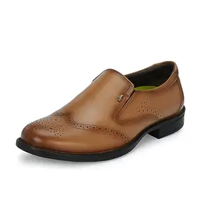 HITZ Men's Tan Leather Slip On Formal Brogue Shoes - 9