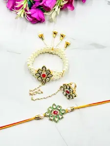 Traditional Bhaiya Bhabhi Rakhi Set with Pearl Bracelet, Ring and Thread Rakhi, Kundan Style