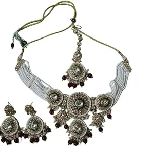 Traditional multistrand white pearl beads Kundan choker Necklace Jewellery Set with Tikka for women, gold toned, (Maroon)