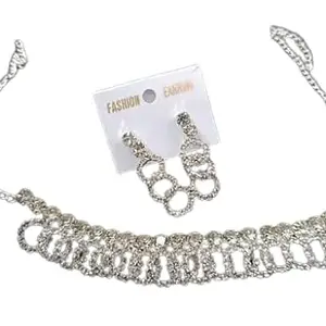 Crystal Rhinestone Choker Necklace and Earrings Set, Silver-Tone Fashion Jewelry, Interlocking Circles Design