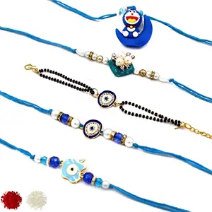 QUVYARTS Rakhi for Brother and Bhabhi, Kids Rakhi, Combo of 5 Rakhi with Roli Chawal, Doraemon Rakhi, Evil Eye Rakhi