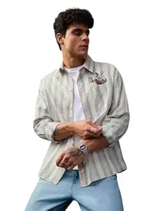The Souled Store Disney: Angry Donald Men and Boys Long Sleeve Collared Off-White Blue and Mustard Striped Embroidered Lightweight Easy to Style Everyday Office Wear Cotton Linen Relaxed Shirt