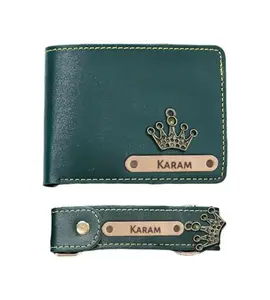 NAVYA ROYAL ART Customized Wallet and Keychain Combo for Men | Personalized Wallet Keychain Set with Name Printed | Leather Name Wallet Keychain for Men | Customised Gifts for Men with Name & Charm , Green