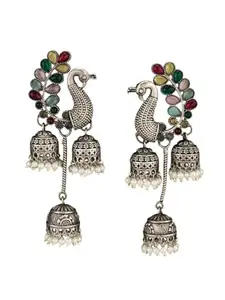 Atibelle german Silver Plated & multicoloured stone - studded peacock shaped jhumkas earrrings