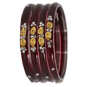 ZULKA Glass with Zircon Gemstone and Beads Studded Glossy Finished Kada For Women and Girls, Pack of 4, (Maroon_2.4 Inches), Pack of 12 Kada Set