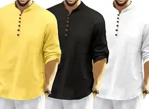 FINIVO FASHION Combo of Men’s Casual Full Sleeve Kurta Style Shirt with Button Placket |Regular Fit Ethnic Fusion Wear| Lightweight Breathable Fabric |for Daily & Festive Use Pack of 3