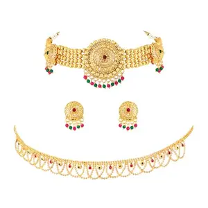 Peora Combo of Golden Necklace Set with Waist Belt Gift for Women Red Green_3