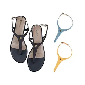 Cameleo -changes with You! Women's Plural T-Strap Slingback Flat Sandals | 3-in-1 Interchangeable Strap Set | Black-Light-Blue-Yellow