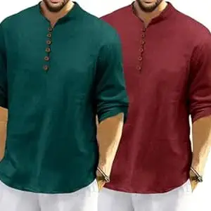 FINIVO FASHION Combo of Men’s Casual Full Sleeve Kurta Style Shirt with Button Placket, Lightweight Breathable Fabric, Regular Fit Ethnic Fusion Wear for Daily & Festive Use Pack of 2