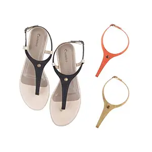 Cameleo -changes with You! Women's Plural T-Strap Slingback Flat Sandals | 3-in-1 Interchangeable Strap Set | Black-Red-Olive-Green