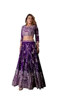 RANGPOSHAK Purple Embroidered Georgette Lehenga Choli Set with Sequins Thread Work, Semi-Stitched, 3 Piece Set with Dupatta